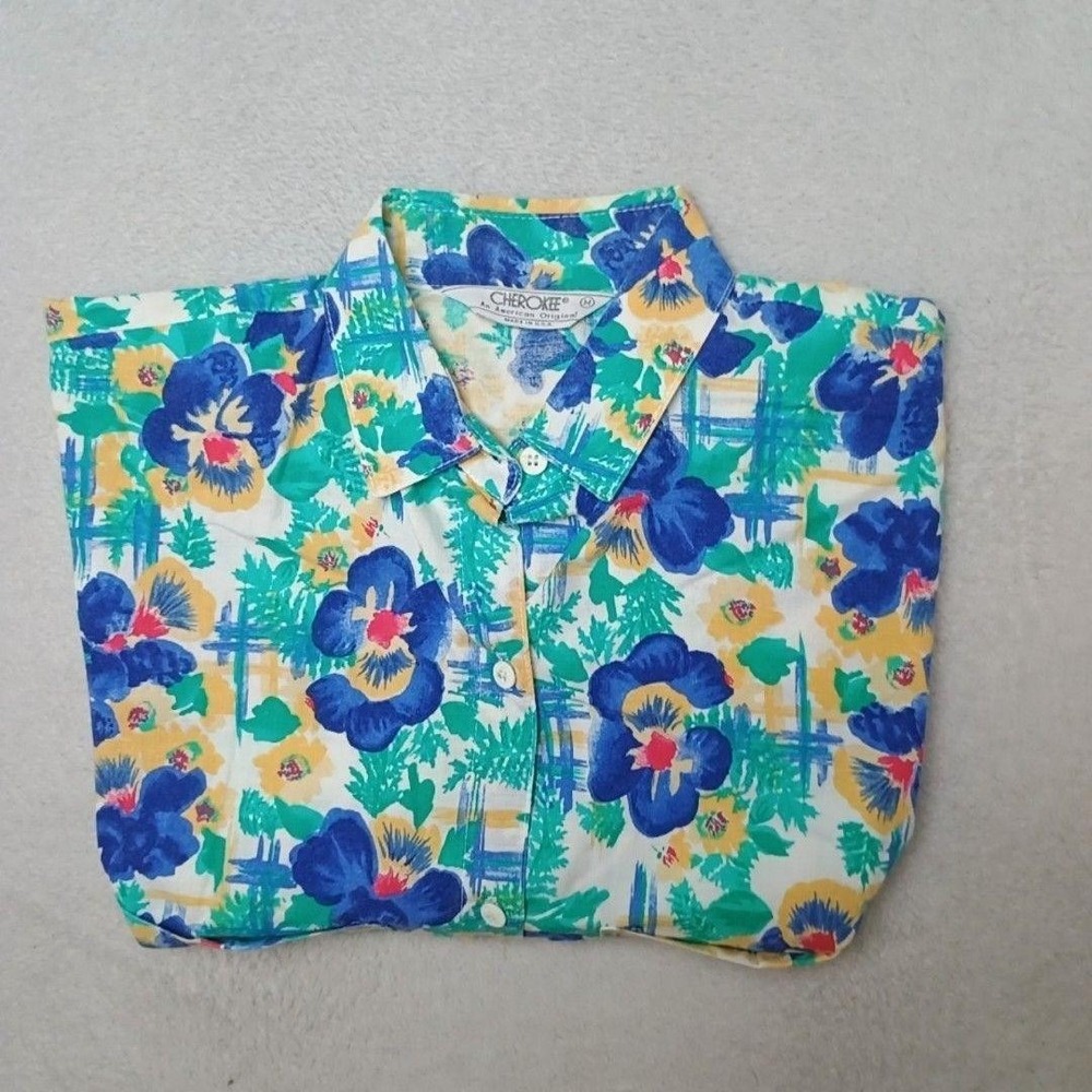 Cherokee Shirt Womens M Blue Floral Button-Up Short Sleeve Hawaiian Camp USA